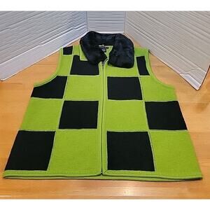 Tally Ho Womans Sweater Vest M Green Black Wool Faux Fur Collar Zip Up Holiday